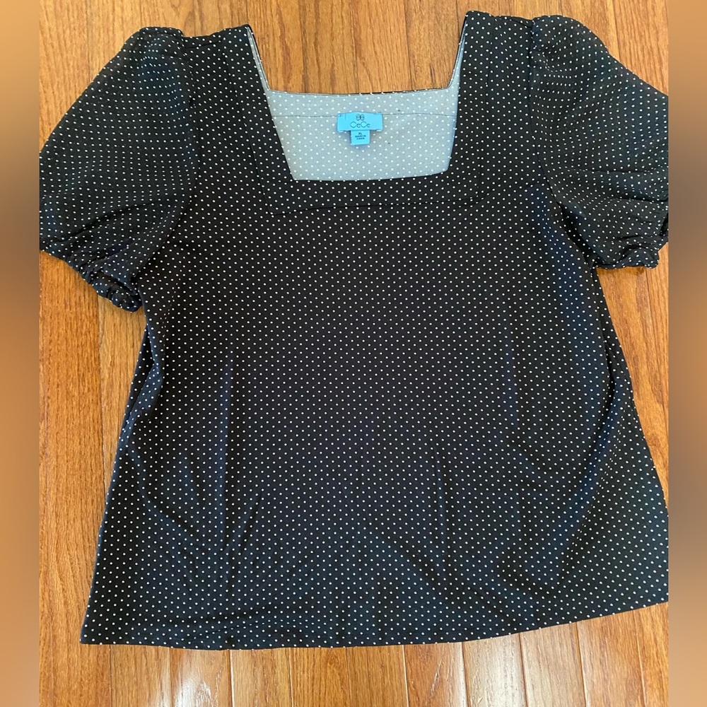 CeCe Black and White Puff Sleeve Blouse